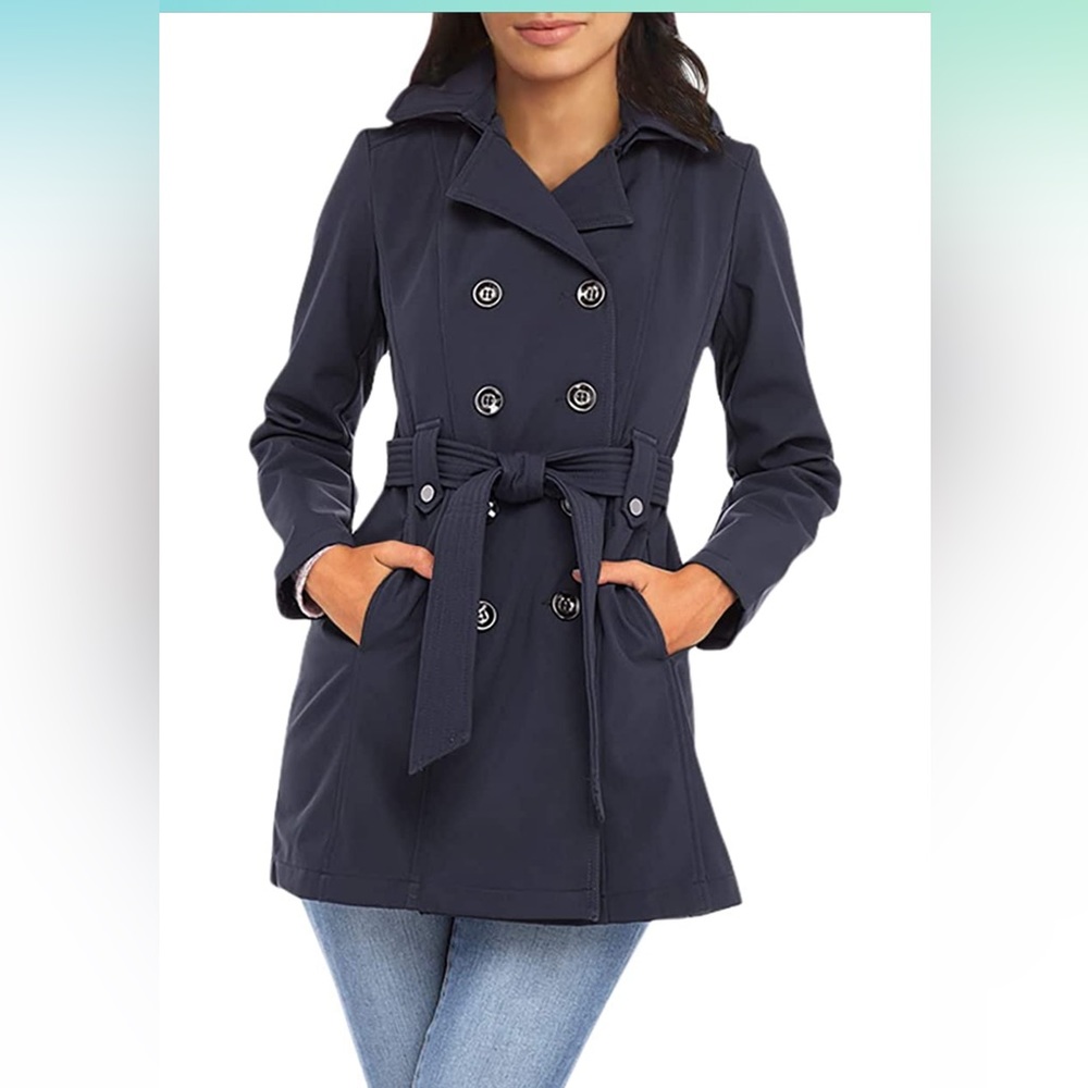 Sebby Collection Women's Soft Shell Trench Coat with Detchable Hood Navy